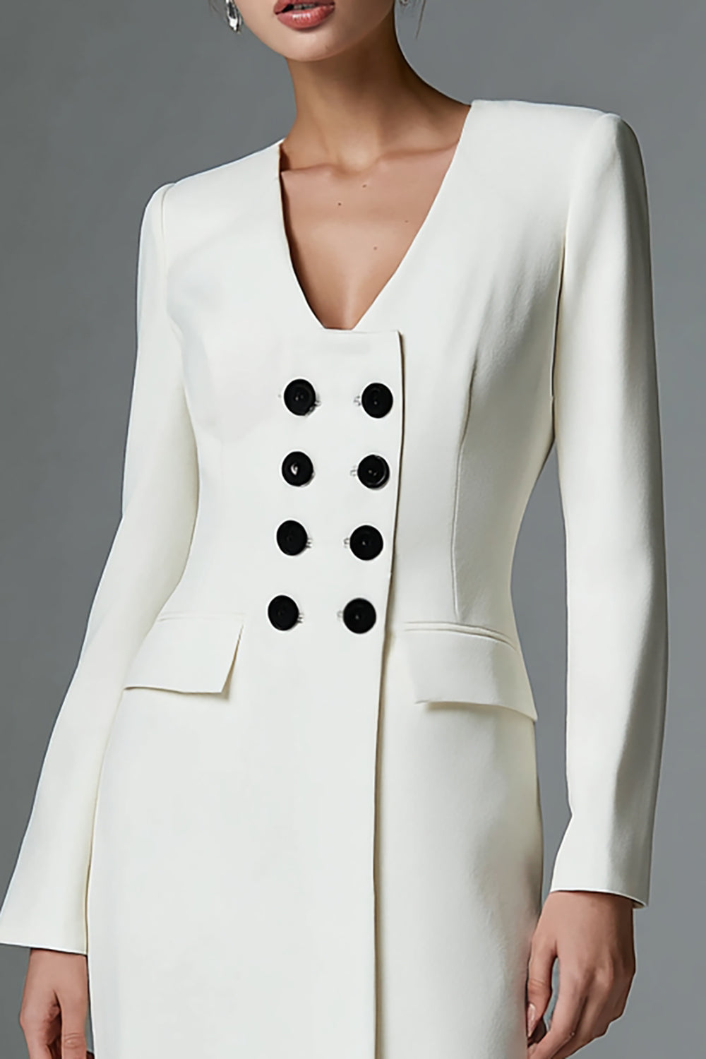 Ivory Double Breasted Pencil Short Work Dress