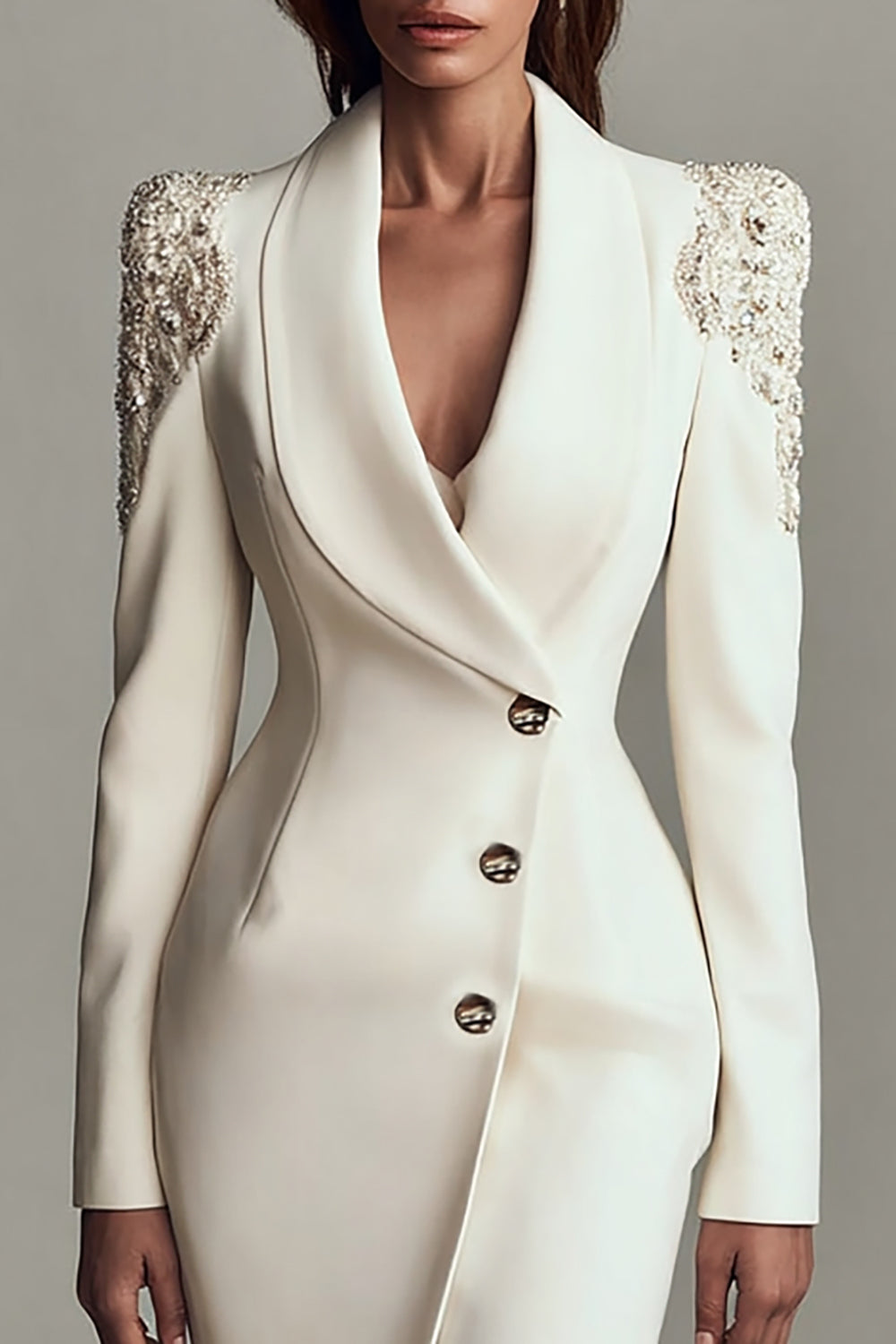 Ivory Shawl Lapel Satin Work Dress with Long Sleeves