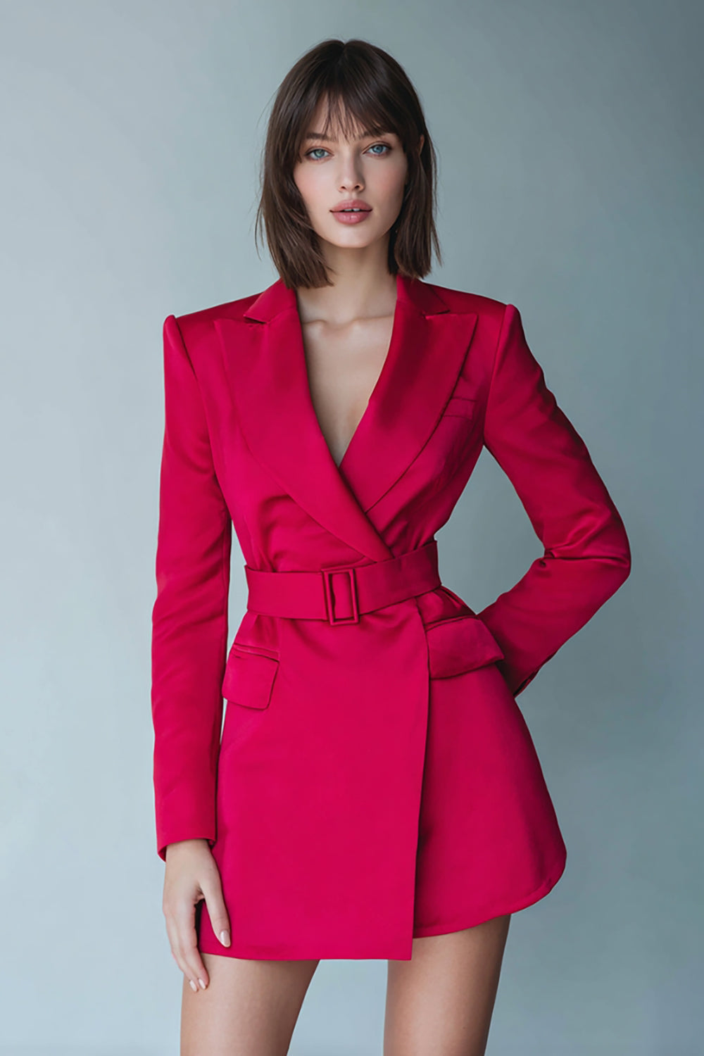 Fuchsia A-Line Satin Peak Lapel Short Work Dress