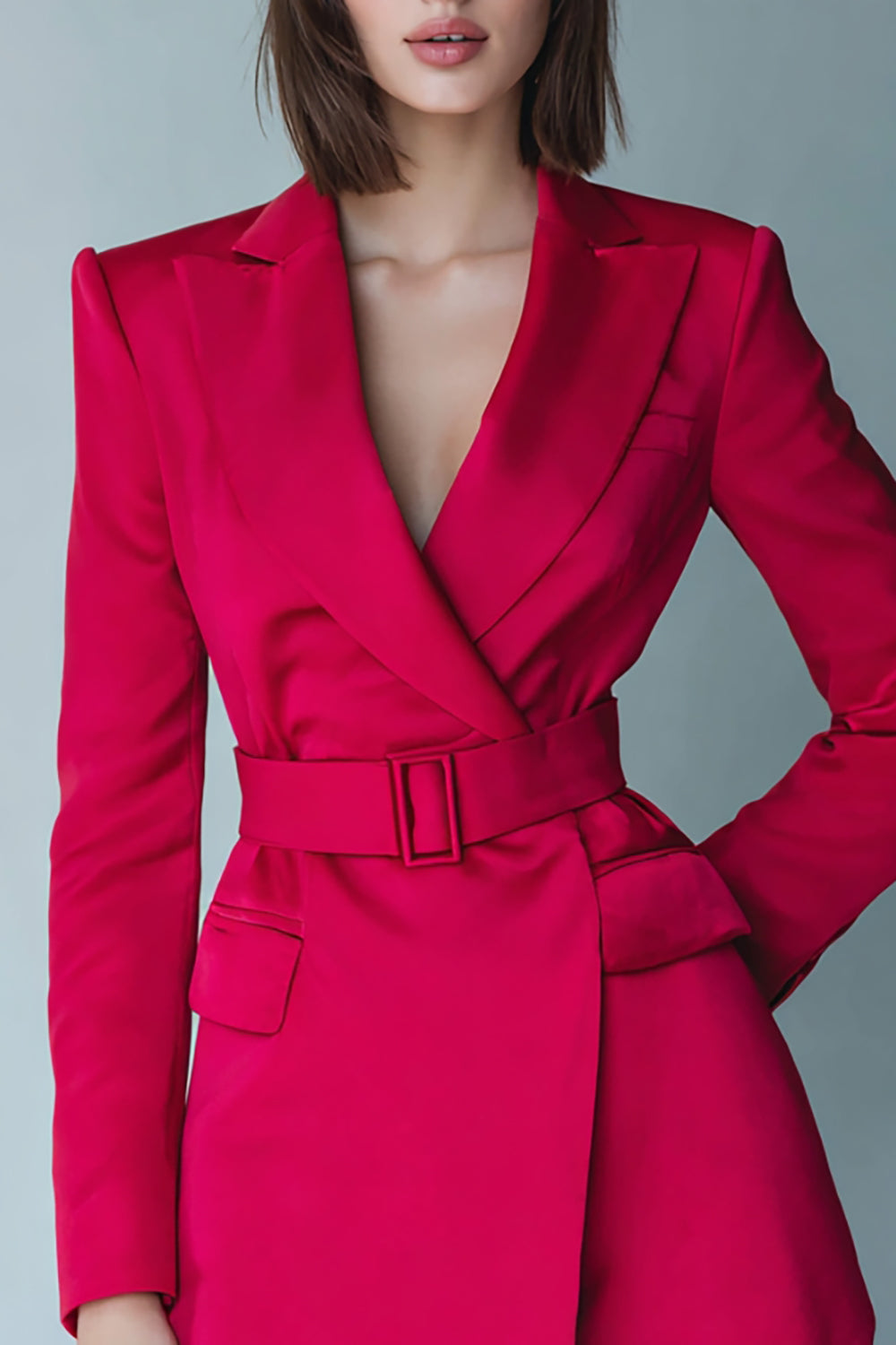 Fuchsia A-Line Satin Peak Lapel Short Work Dress