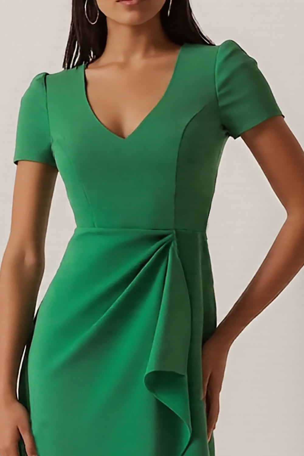 Green A-Line Satin Midi Work Dress with Ruffles