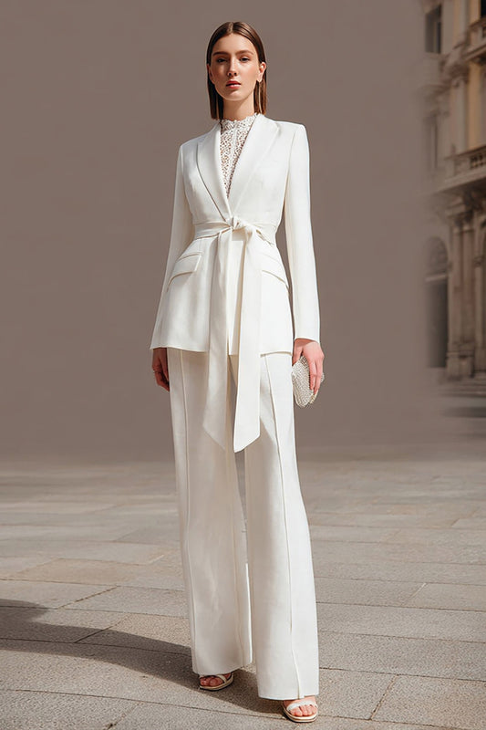 Ivory 2 Piece Satin Business Suits with Belt
