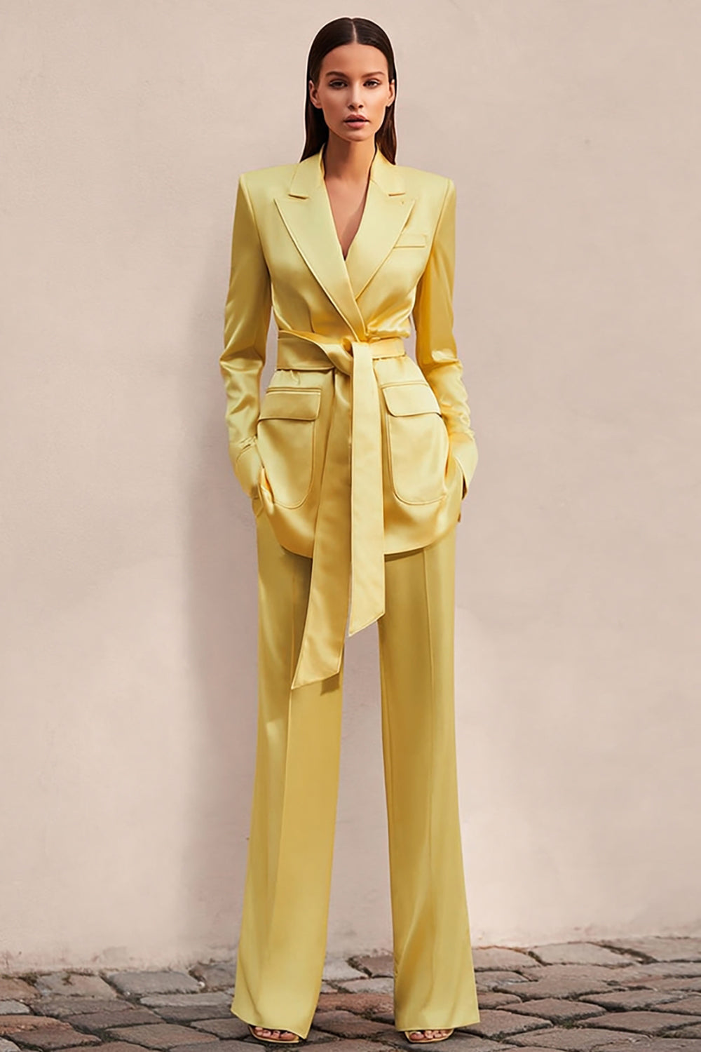 Daffodil Satin Peak Lapel 2 Piece Business Suits with Belt