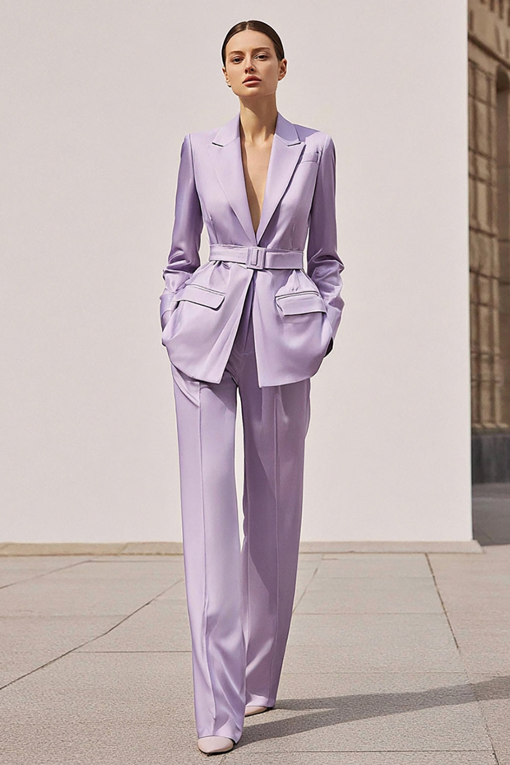 Lilac Satin 2 Piece Business Suits with Belt