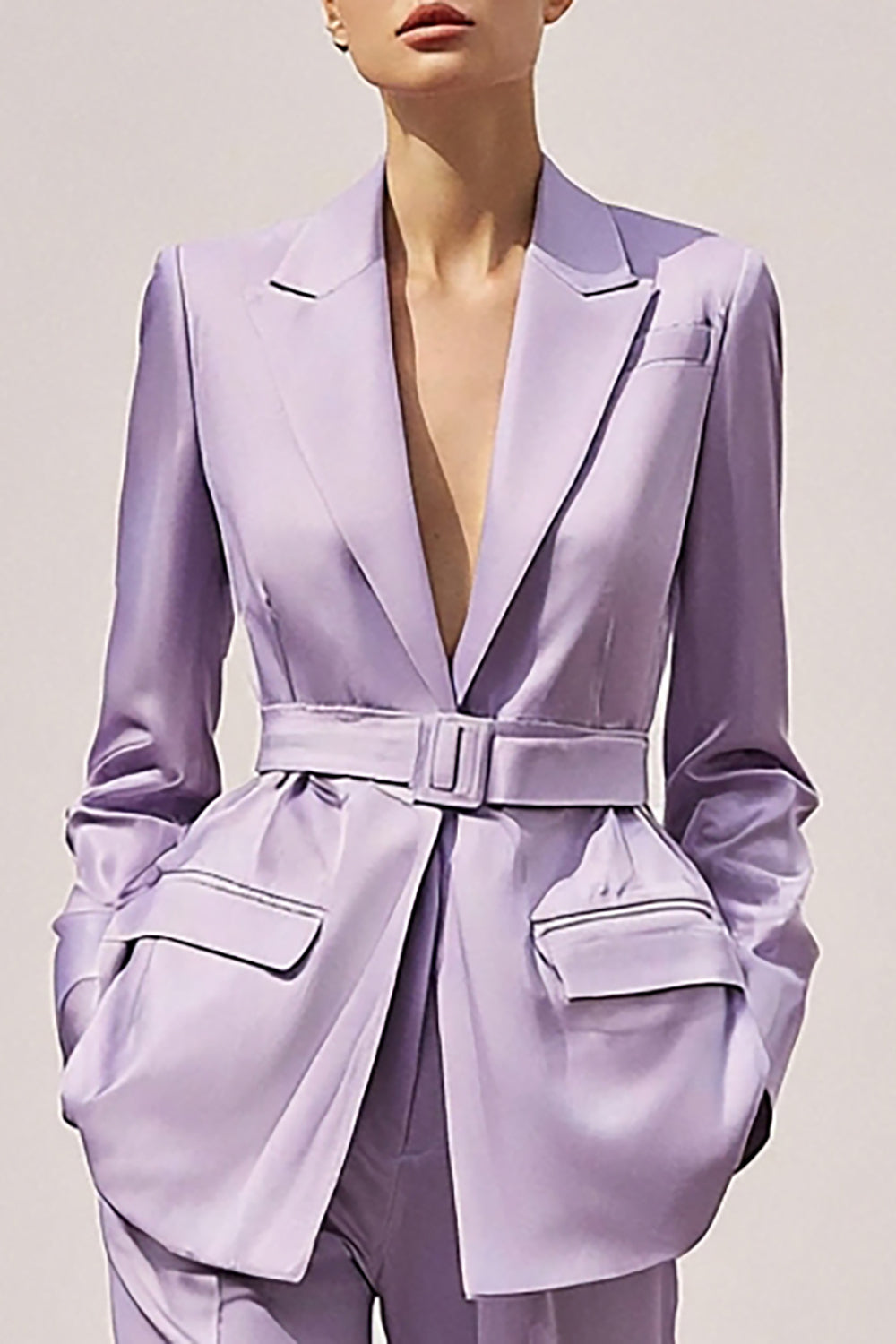 Lilac Satin 2 Piece Business Suits with Belt