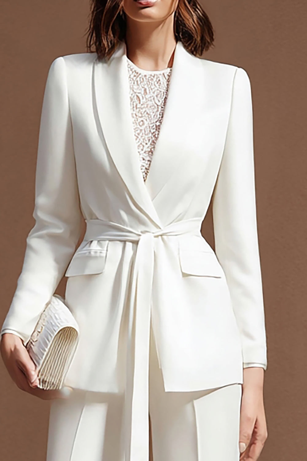 Ivory Satin 2 Piece Shawl Lapel Business Suits with Sash