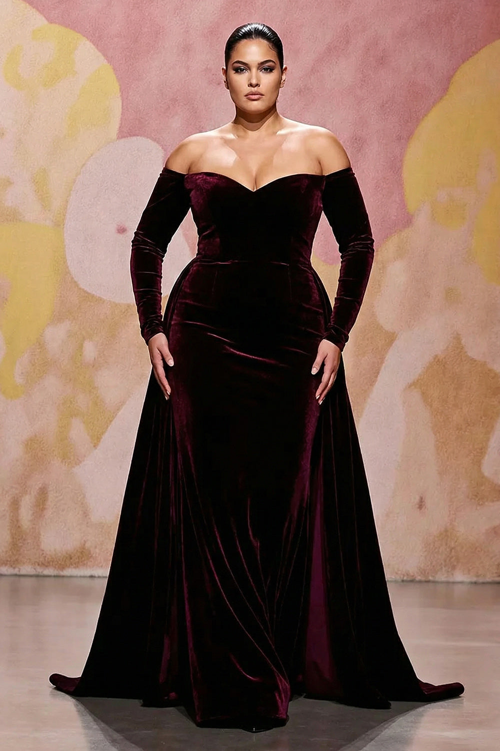 Dark Red A-Line Velvet Off-the-Shoulder Plus Size Maxi Dress with Long Sleeves