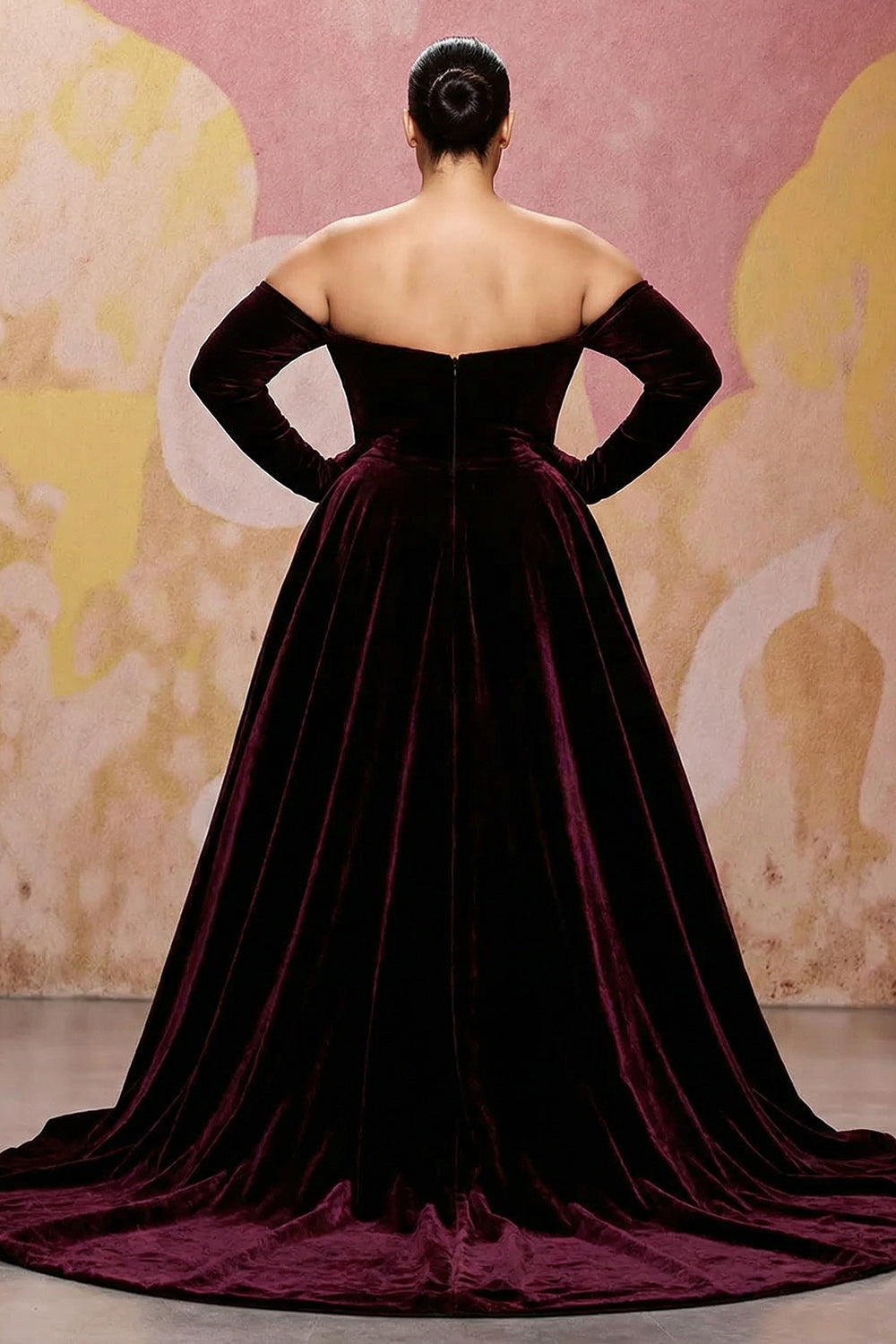 Dark Red A-Line Velvet Off-the-Shoulder Plus Size Maxi Dress with Long Sleeves
