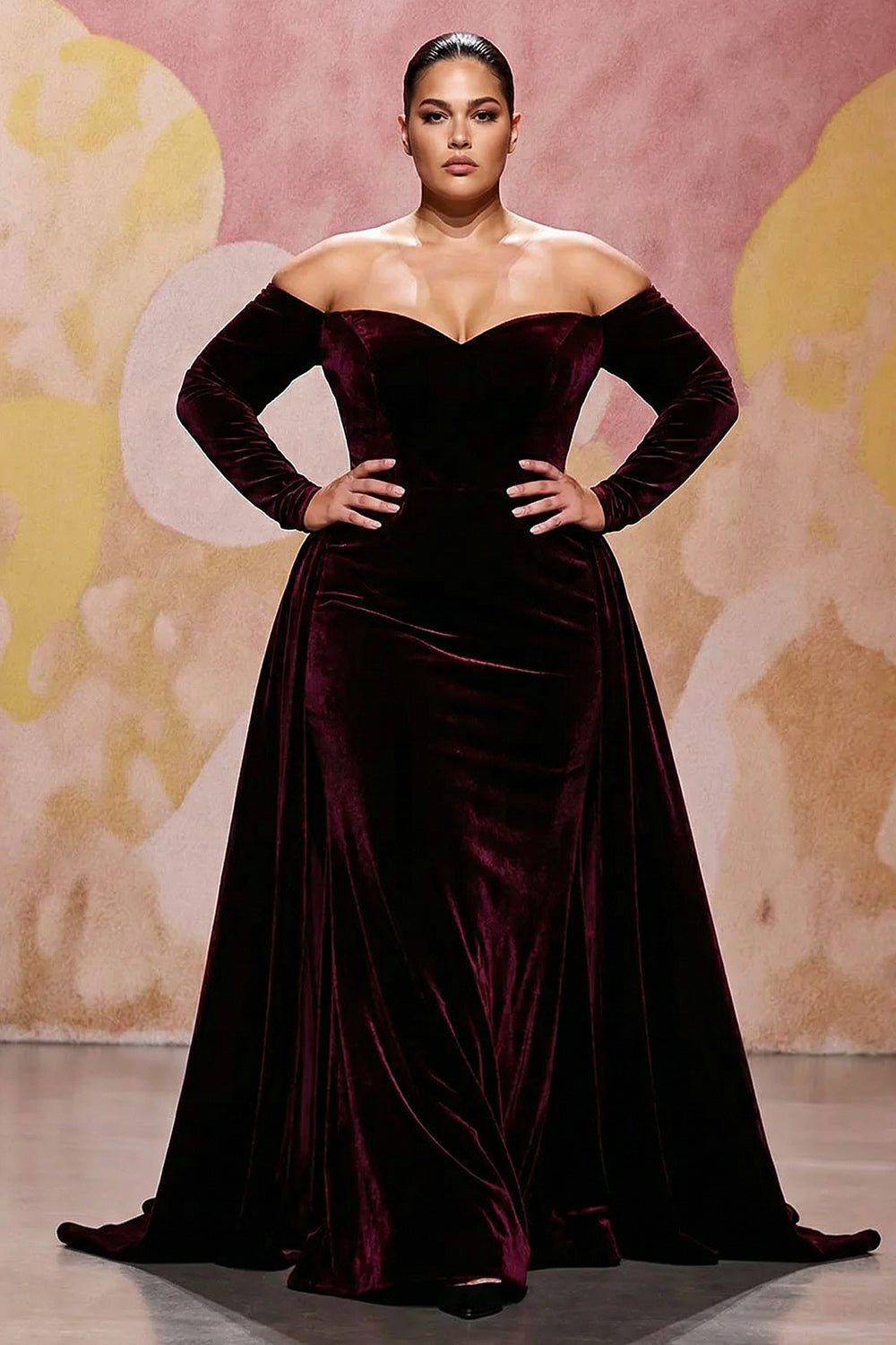 Dark Red A-Line Velvet Off-the-Shoulder Plus Size Maxi Dress with Long Sleeves