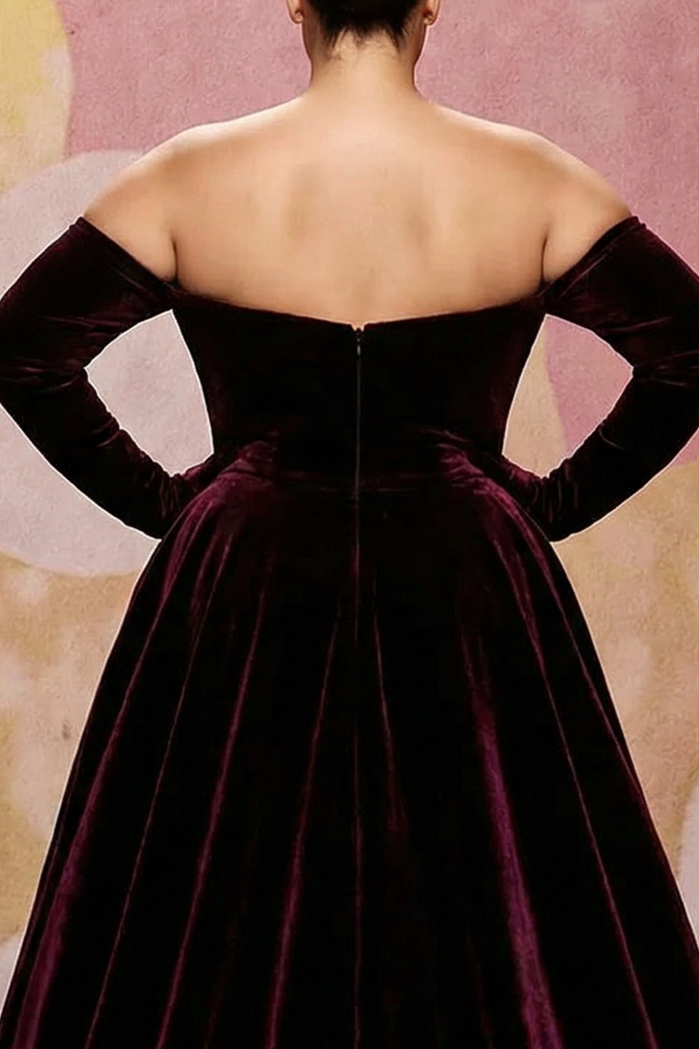 Dark Red A-Line Velvet Off-the-Shoulder Plus Size Maxi Dress with Long Sleeves