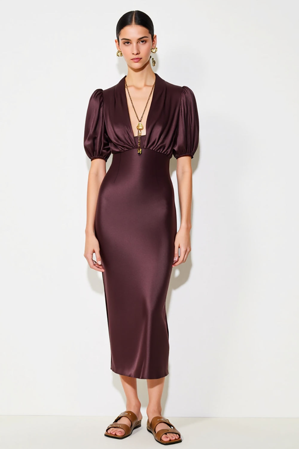 Dark Red Sheath Midi Wedding Guest Dress