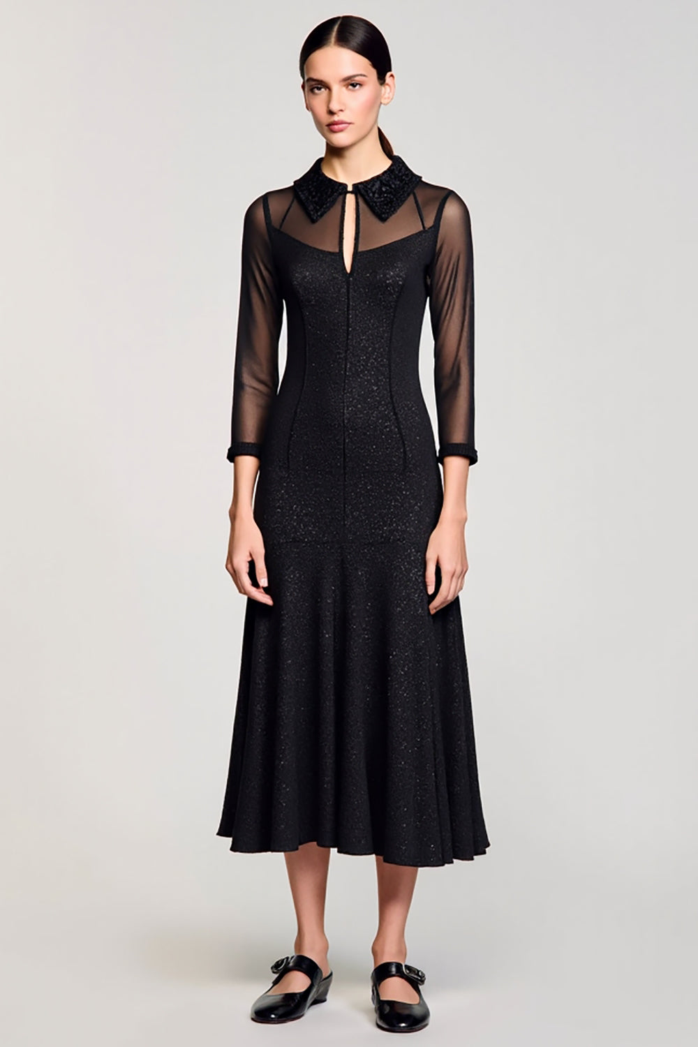 Black A Line Lapel Midi Wedding Guest Dress