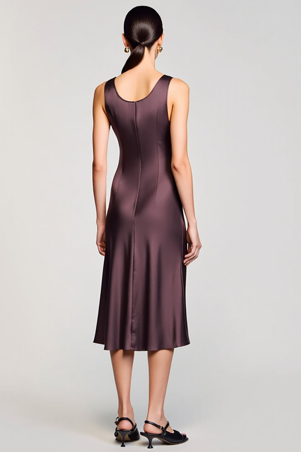 Brown Square Neck Sheath Midi Wedding Guest Dress