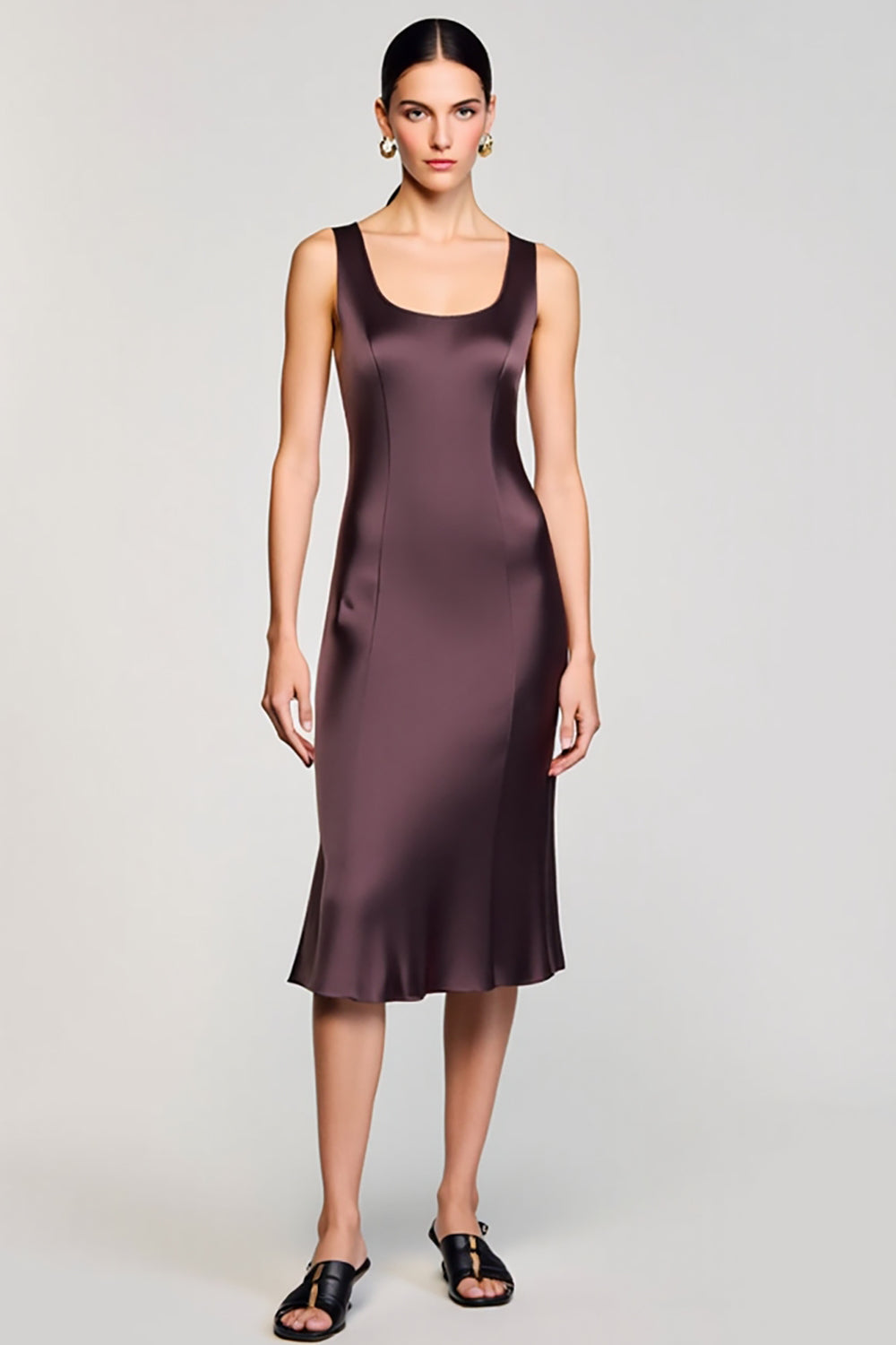 Brown Square Neck Sheath Midi Wedding Guest Dress