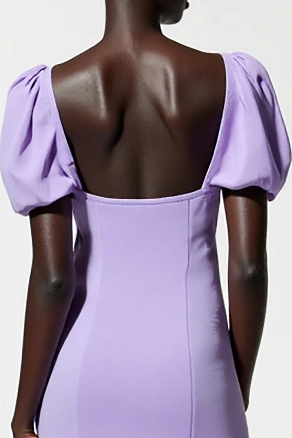 Purple A-Line Puff Sleeve Midi Wedding Guest Dress