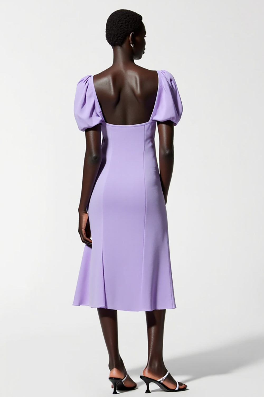 Purple A-Line Puff Sleeve Midi Wedding Guest Dress
