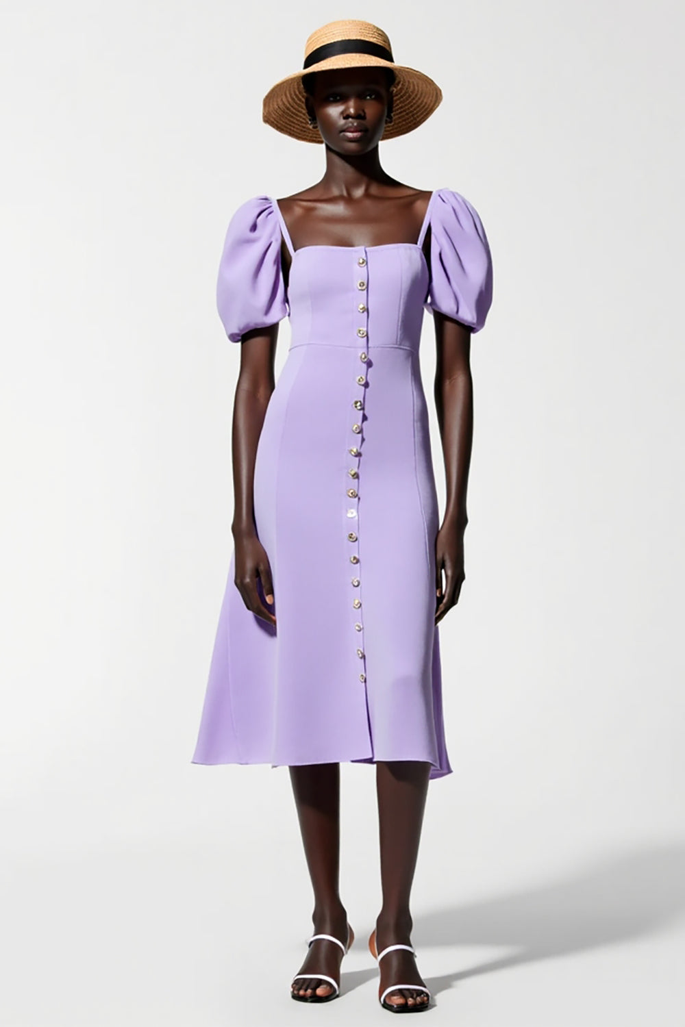 Purple A-Line Puff Sleeve Midi Wedding Guest Dress