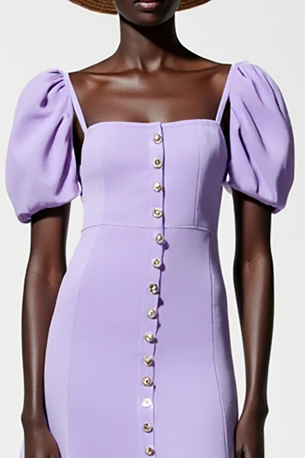 Purple A-Line Puff Sleeve Midi Wedding Guest Dress