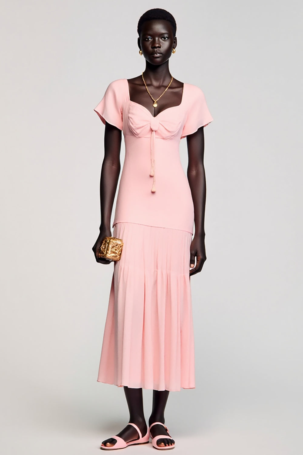 A-Line Pink Midi Wedding Guest Dress with Bow