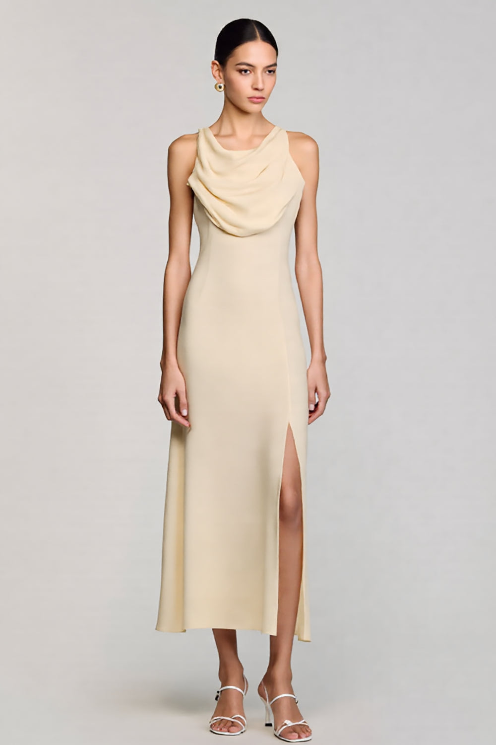 Cowl Neck Sheath Apricot Midi Wedding Guest Dress With Slit