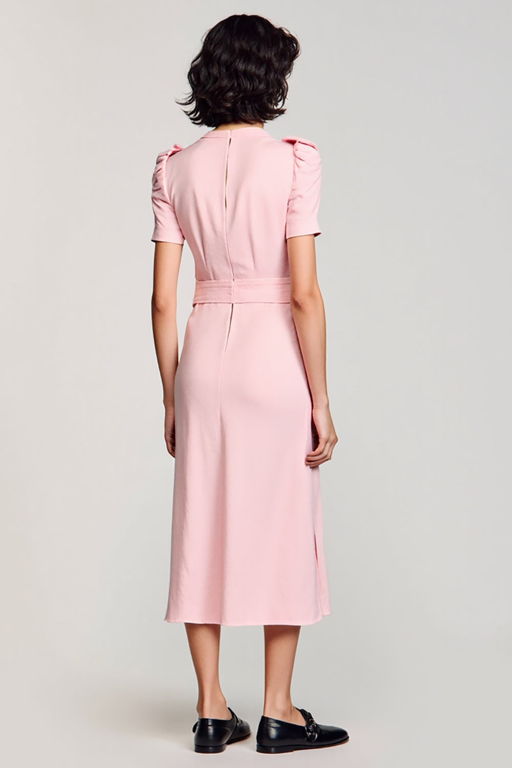 A-Line Pink V-Neck Midi Work Dress With Belt