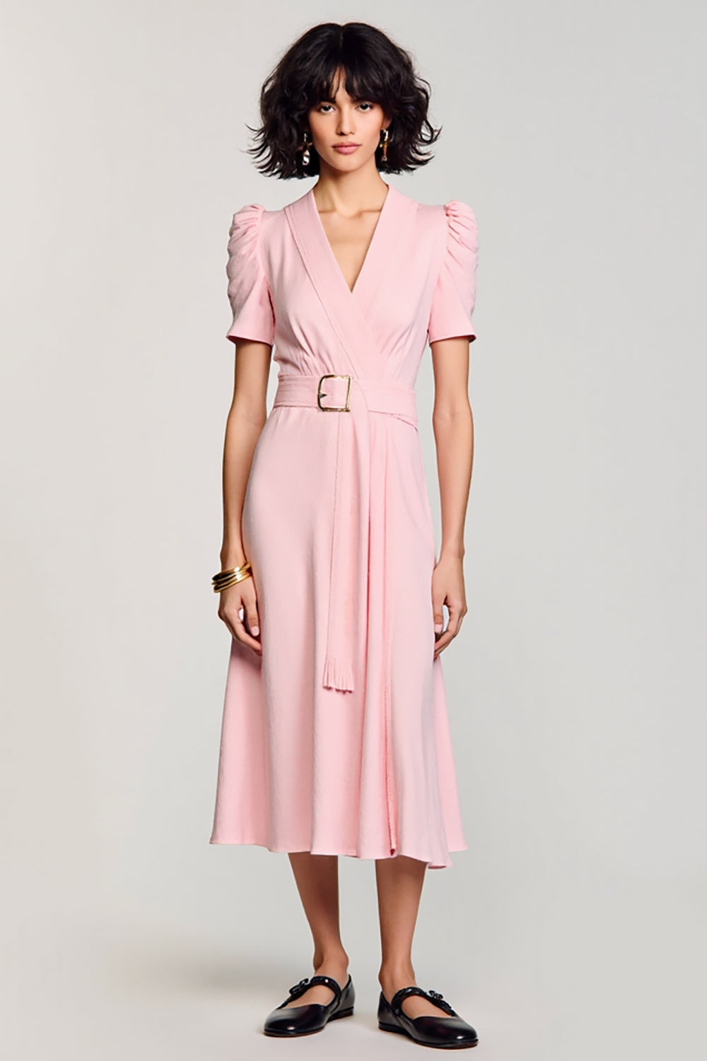 A-Line Pink V-Neck Midi Work Dress With Belt