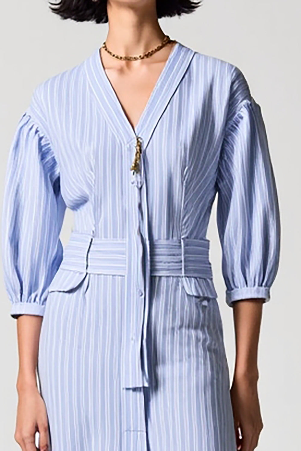 Blue Stripes Sheath V Neck Long Work Dress