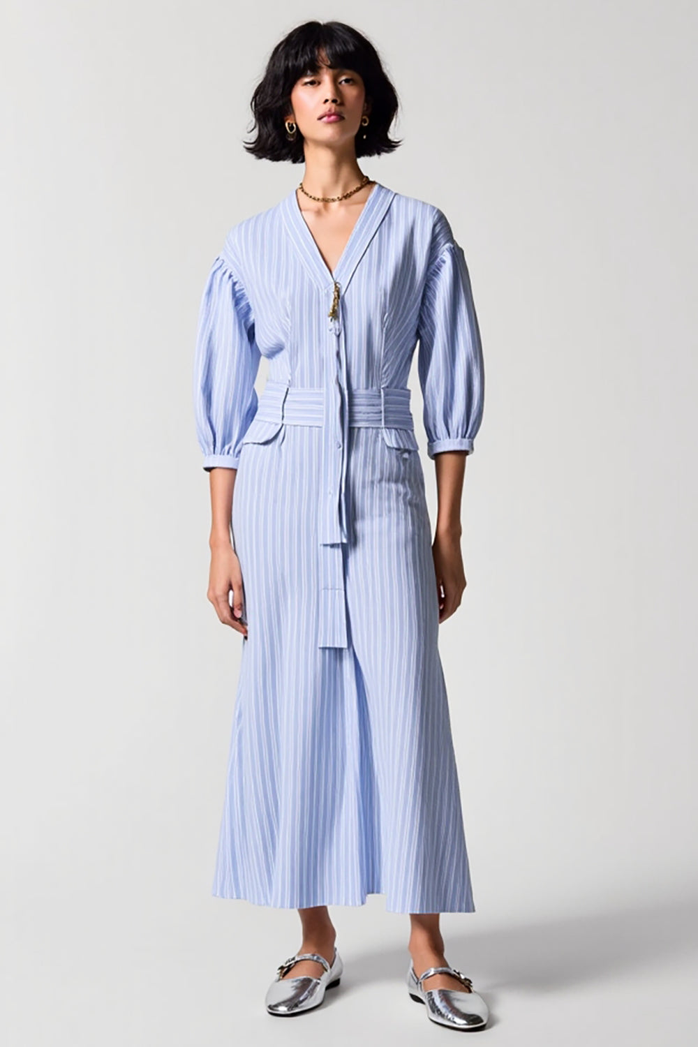 Blue Stripes Sheath V Neck Long Work Dress