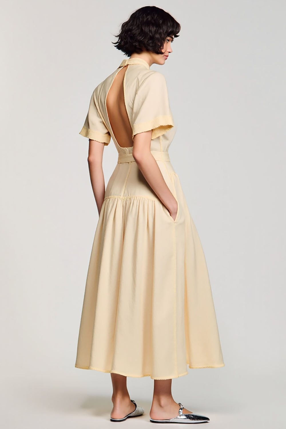 High Neck A-Line Long Apricot Work Dress With Belt