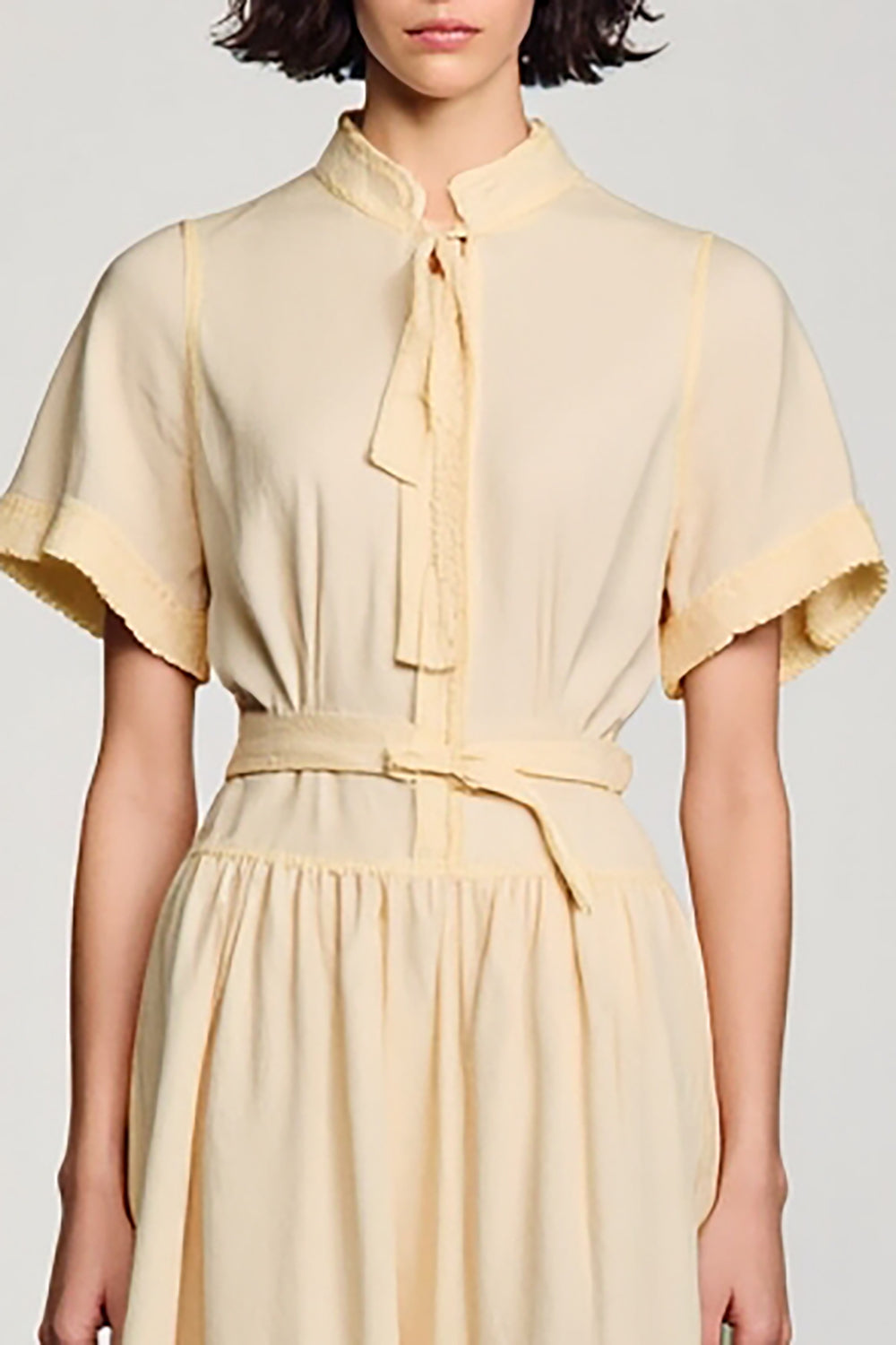 High Neck A-Line Long Apricot Work Dress With Belt