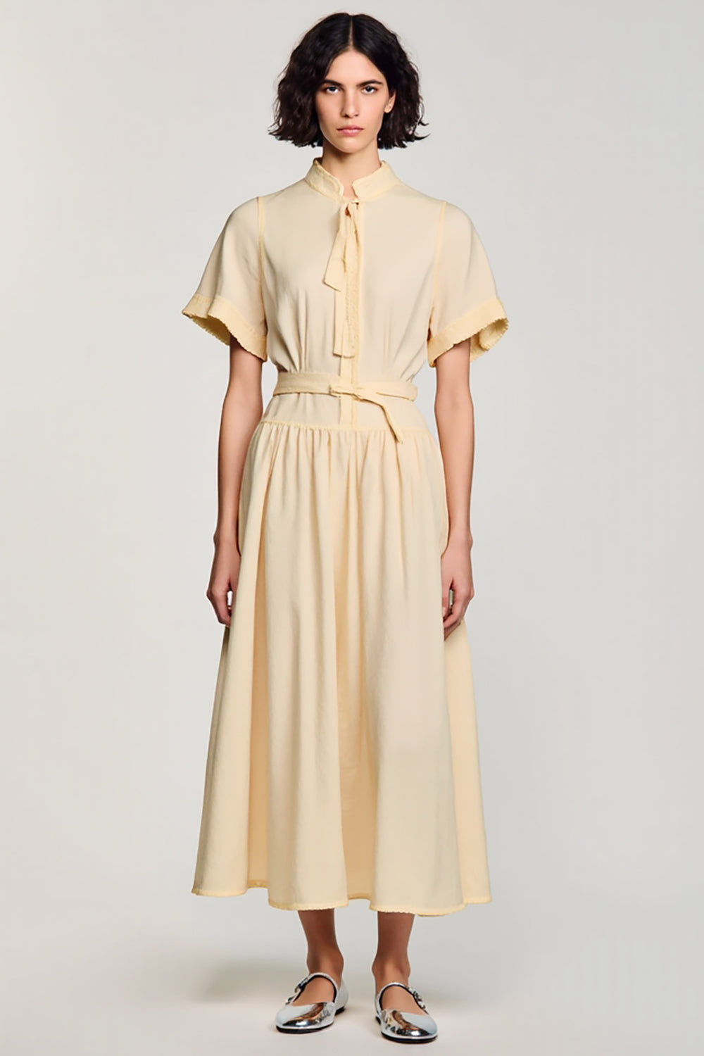High Neck A-Line Long Apricot Work Dress With Belt