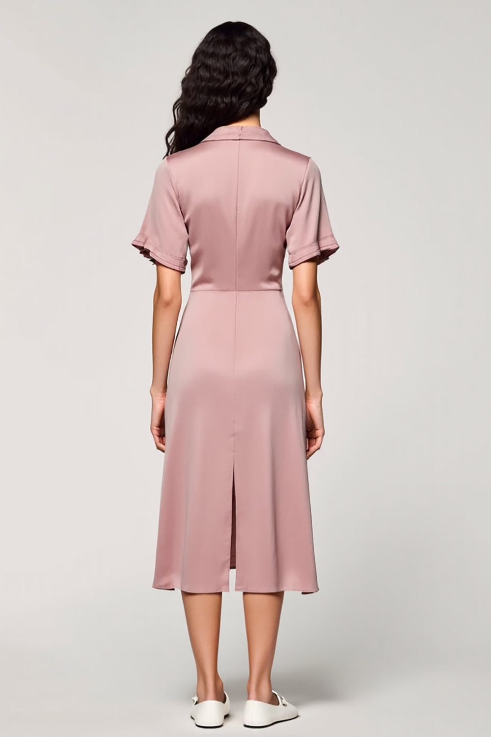 Pink A Line Lapel Midi Work Dress