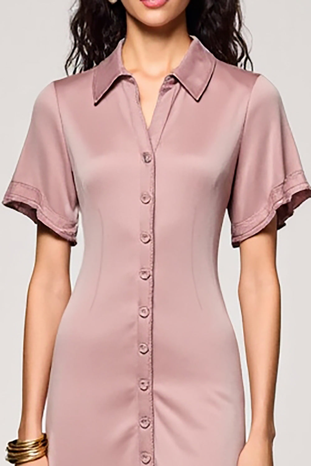 Pink A Line Lapel Midi Work Dress