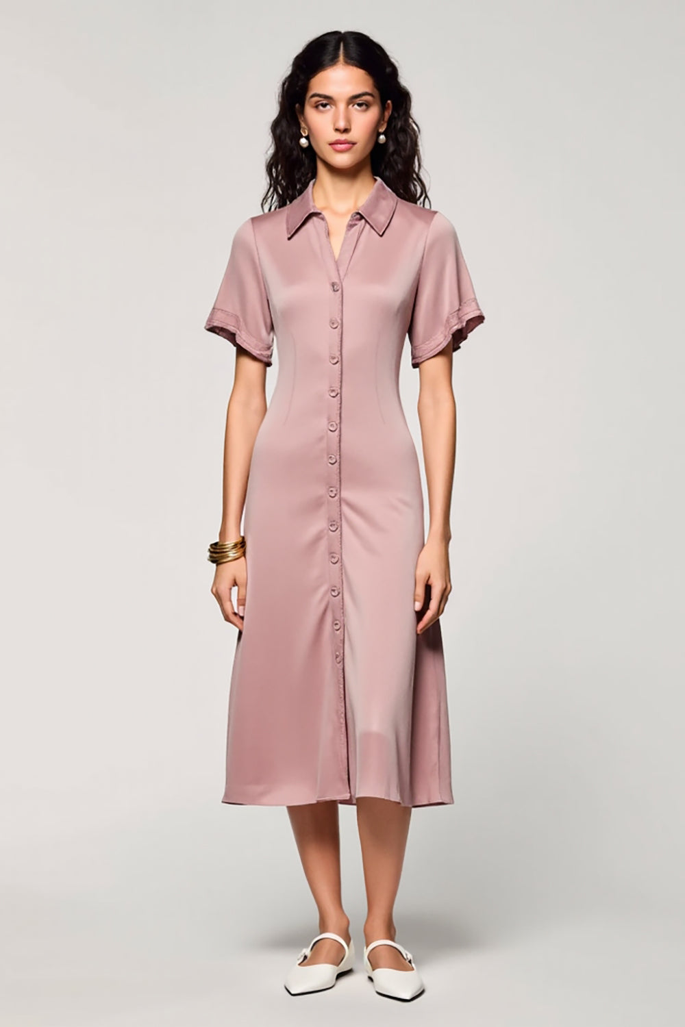 Pink A Line Lapel Midi Work Dress