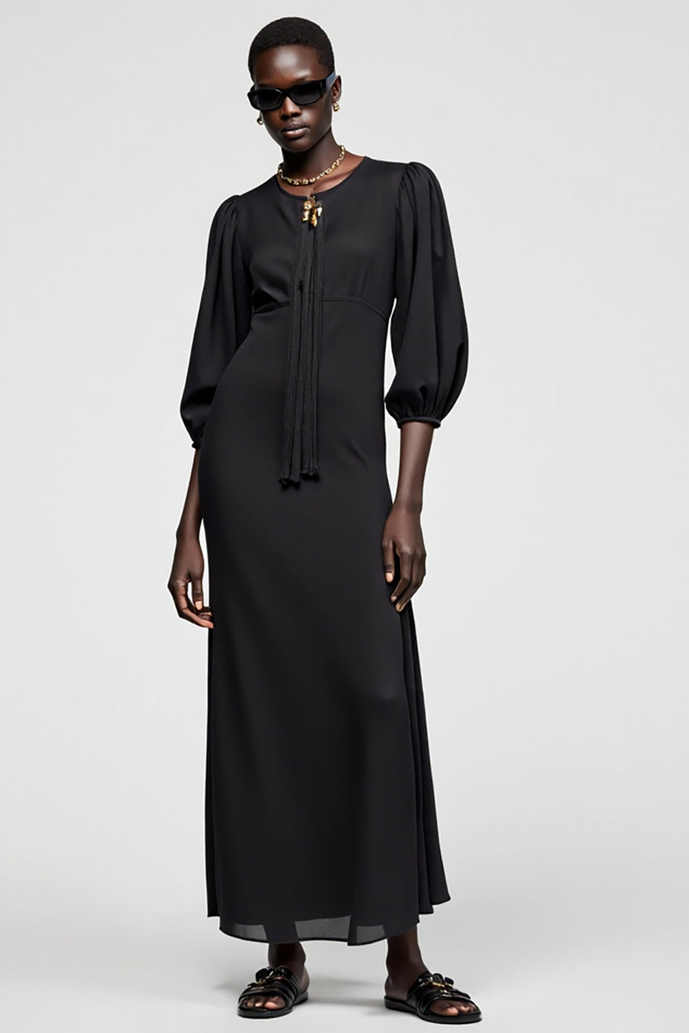 Black A-Line 3/4 Sleeve Long Wedding Guest Dress With Tassel