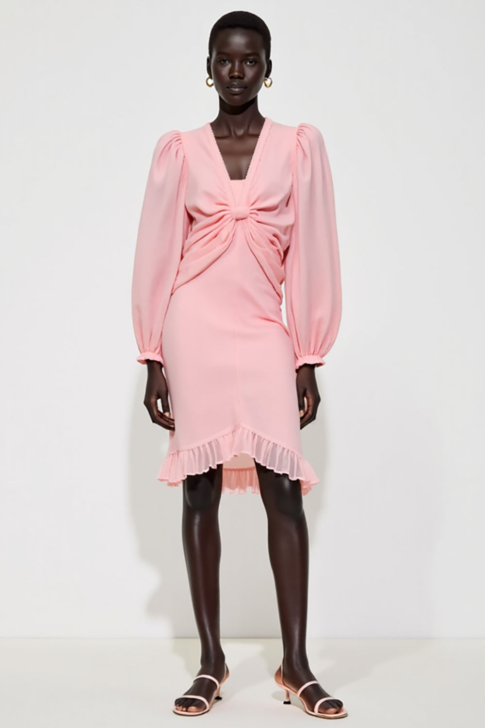 Long Sleeve V Neck Pink Ruched Wedding Guest Dress