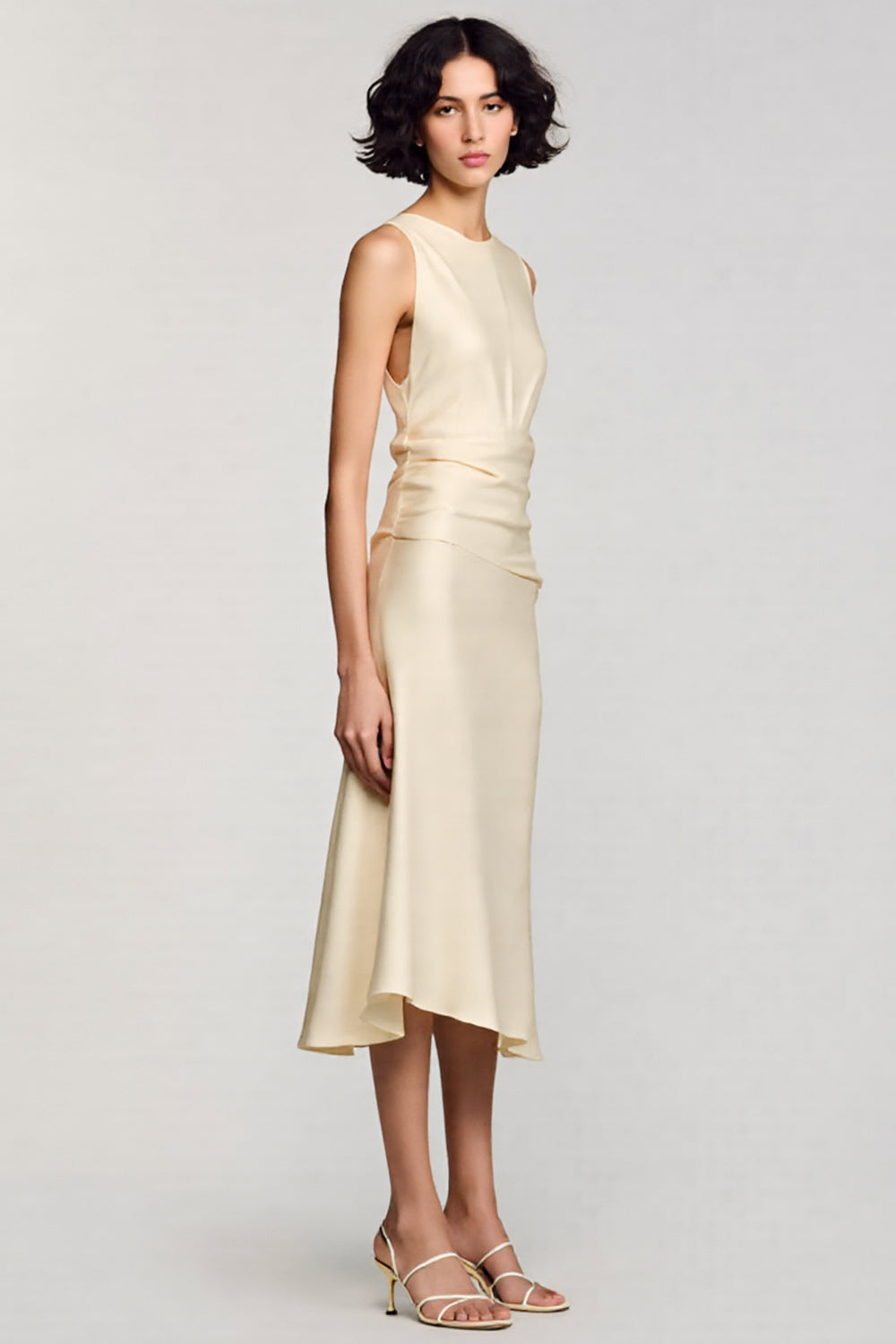 Apricot A-Line Round Neck Midi Wedding Guest Dress
