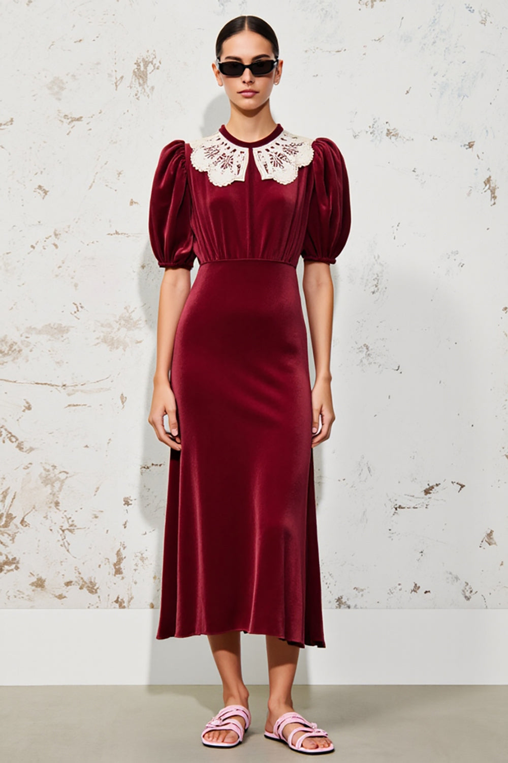 Velvet Dark Red A Line Wedding Guest Dress