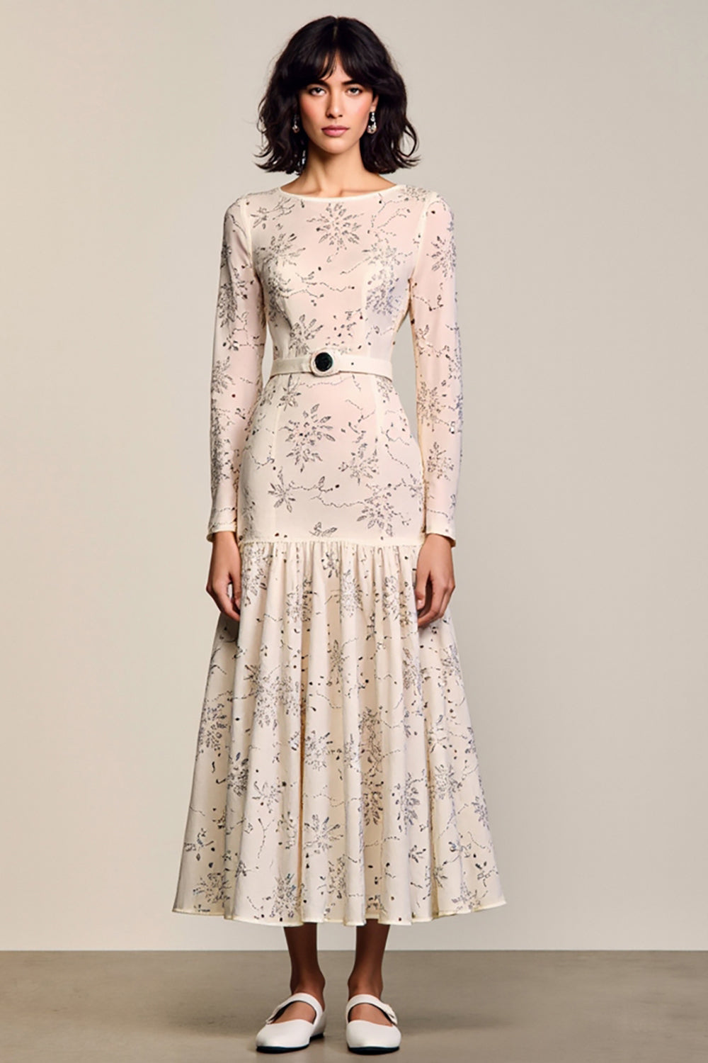 Apricot Floral Long Sleeve A-Line Wedding Guest Dress with Belt