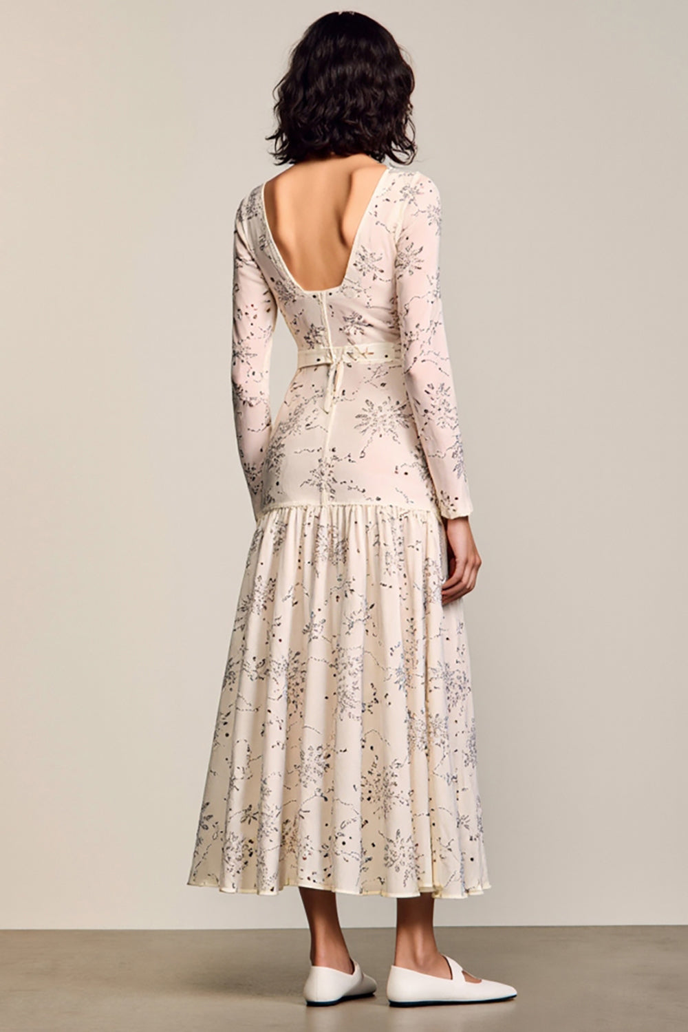Apricot Floral Long Sleeve A-Line Wedding Guest Dress with Belt