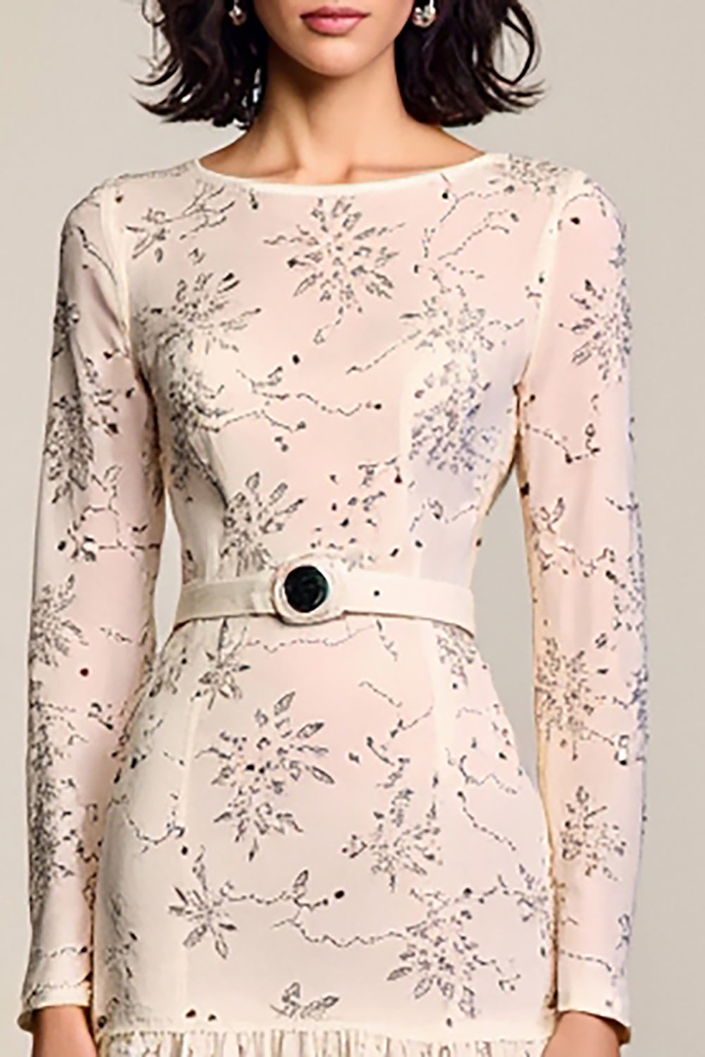 Apricot Floral Long Sleeve A-Line Wedding Guest Dress with Belt