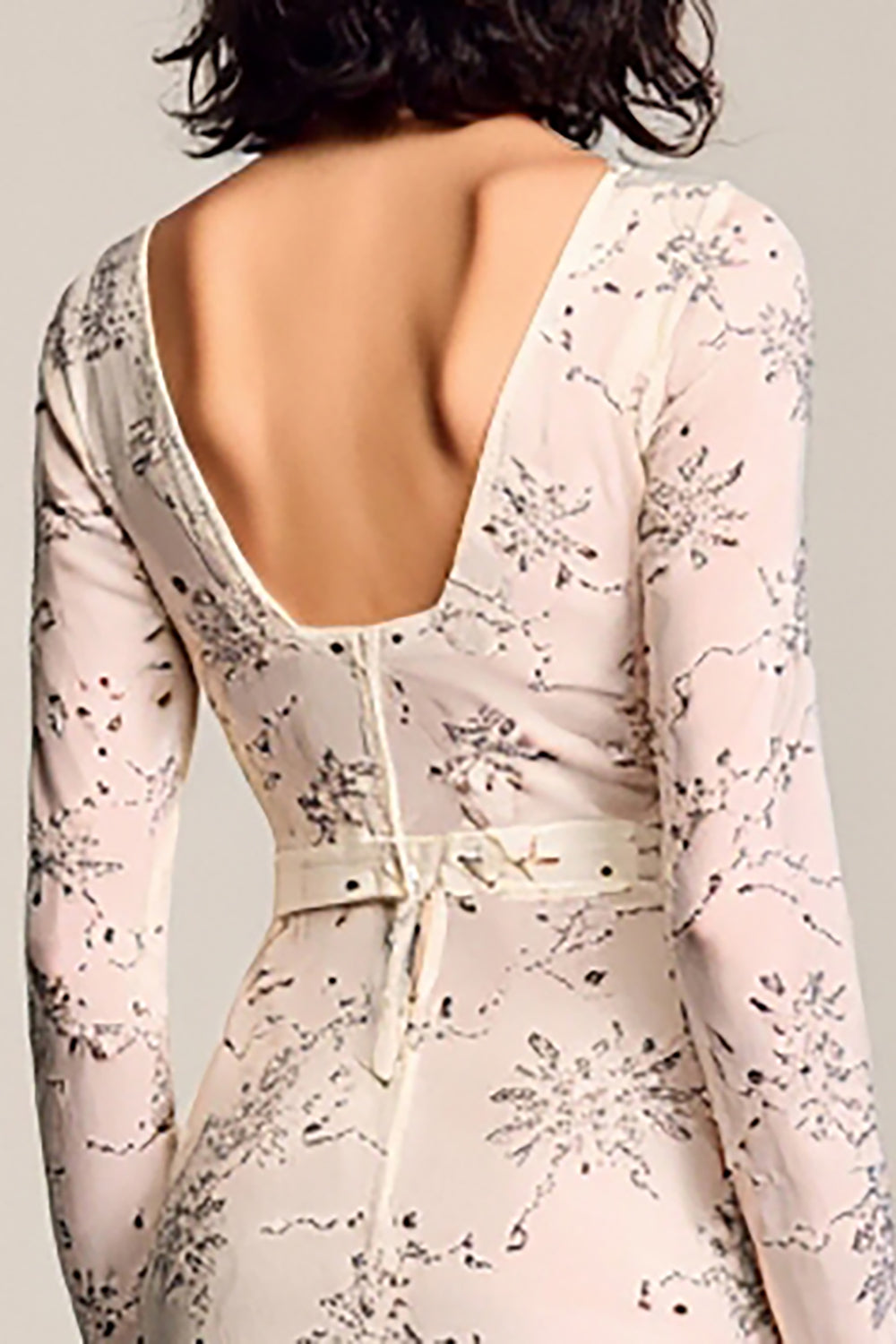 Apricot Floral Long Sleeve A-Line Wedding Guest Dress with Belt