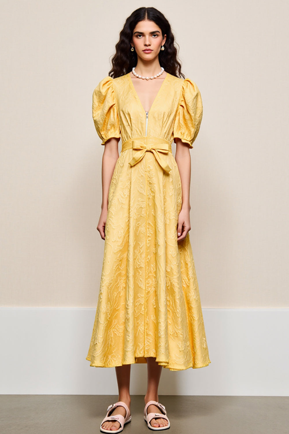 Yellow V Neck A Line Wedding Guest Dress With Appliques