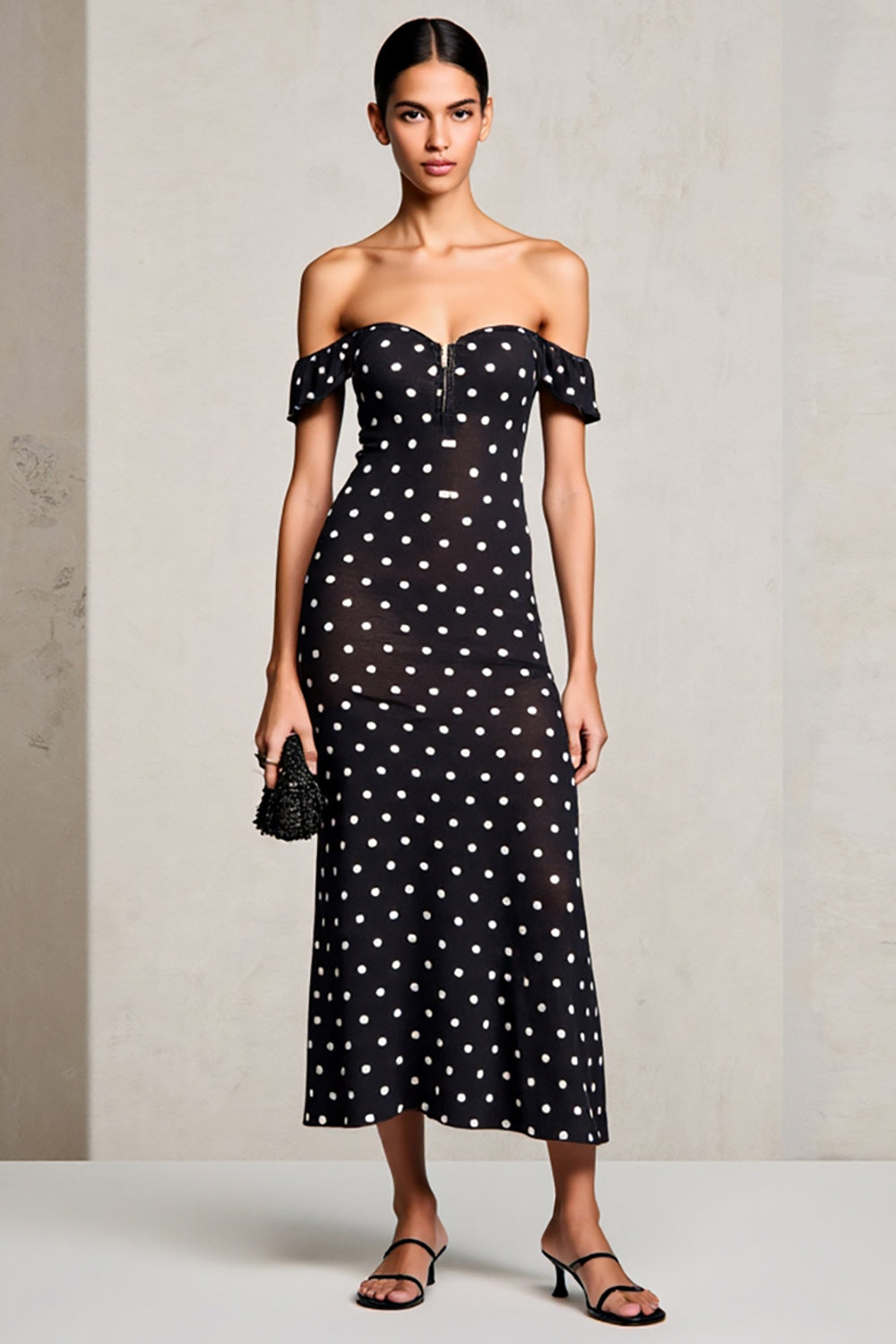 Black Sheath Off-The-Shoulder Polka Dot Wedding Guest Dress