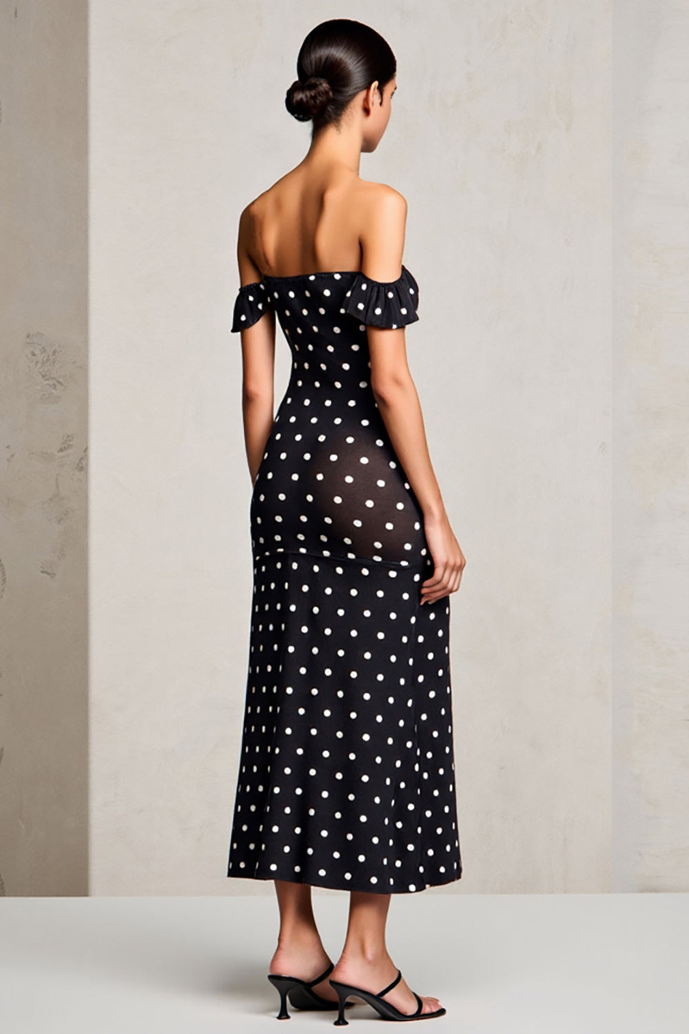 Black Sheath Off-The-Shoulder Polka Dot Wedding Guest Dress