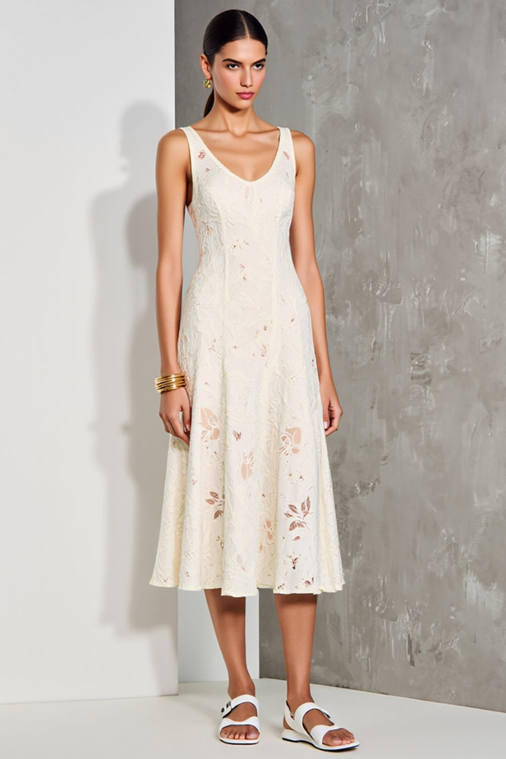 White A-Line Midi Wedding Guest Dress with Appliqués