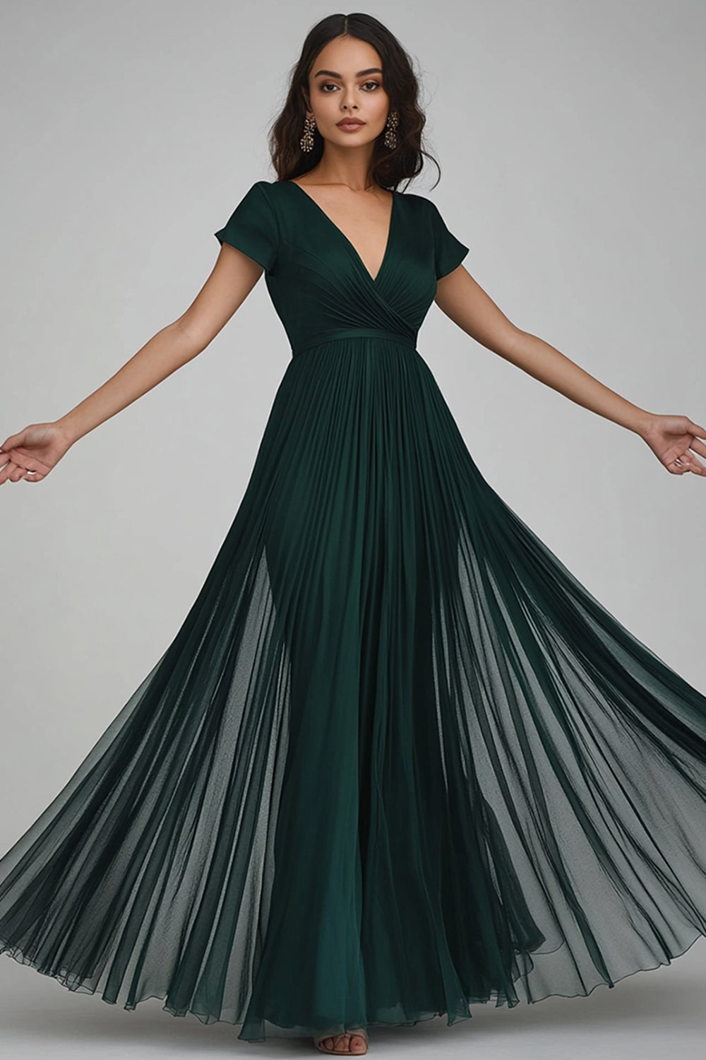 Robe de Soirée Vert Foncé Col V en Mousseline de Soie Coupe A-ligne