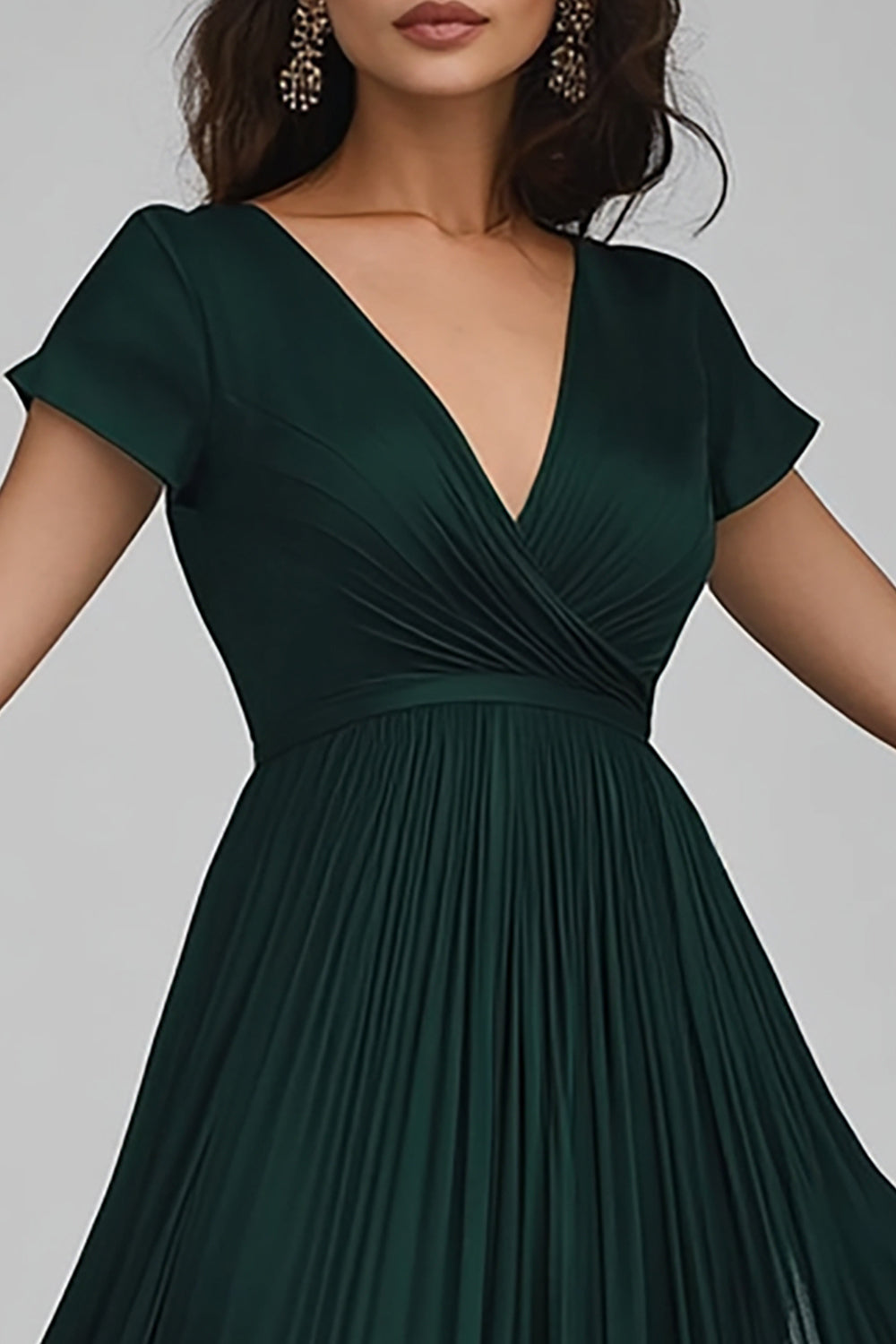 Robe de Soirée Vert Foncé Col V en Mousseline de Soie Coupe A-ligne