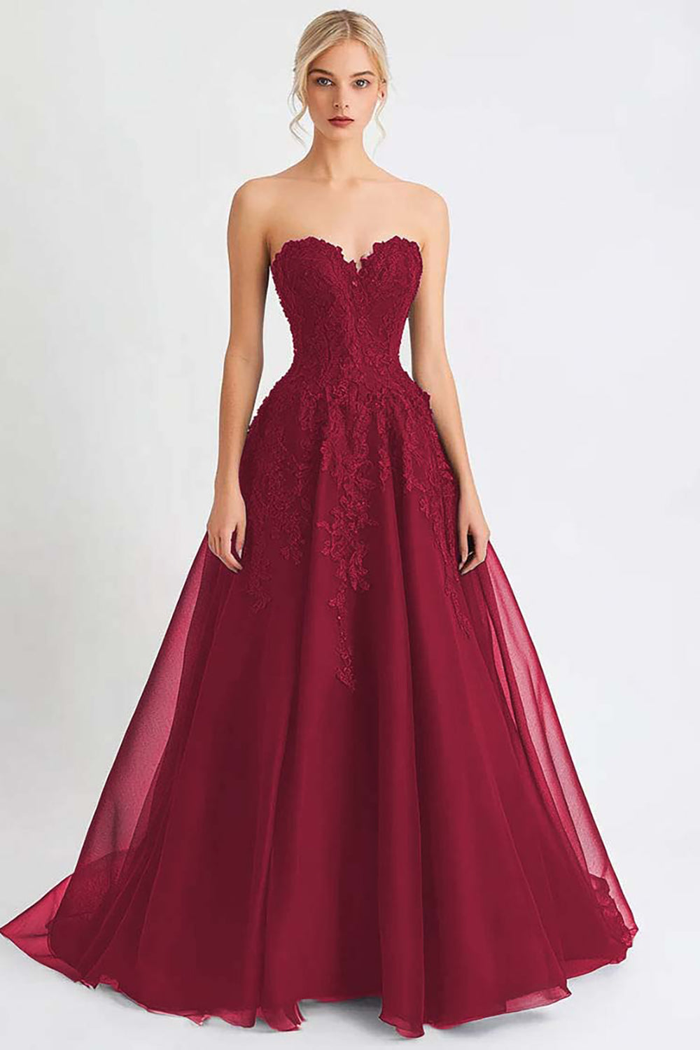 Black Tulle A Line Strapless Long Evening Dress with Appliques