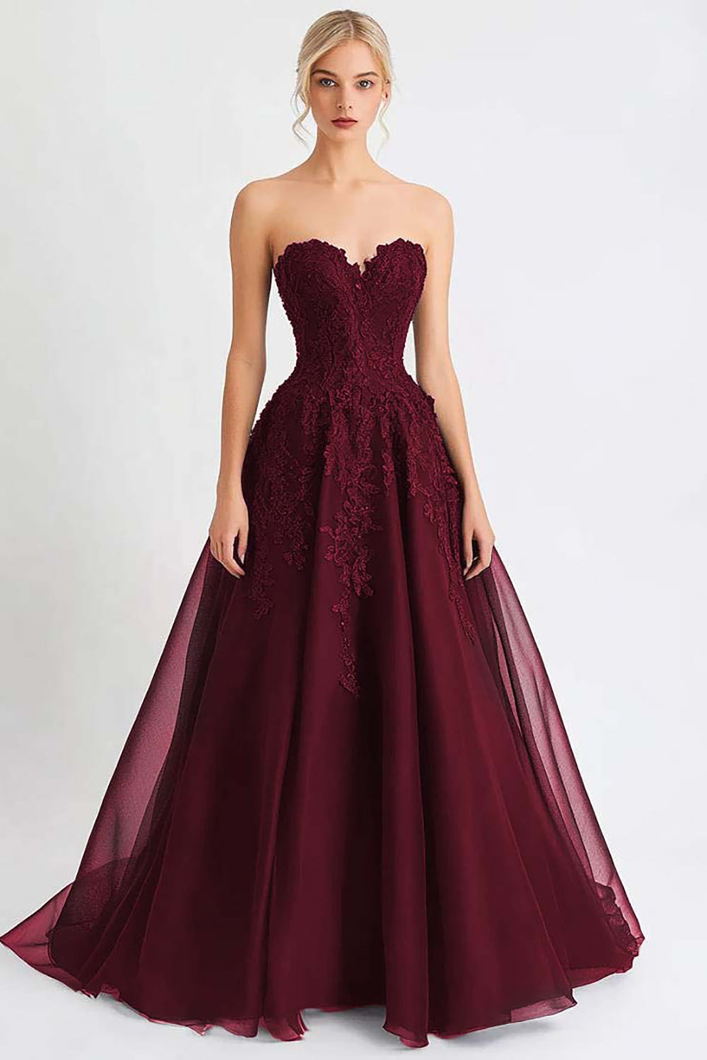 Black Tulle A Line Strapless Long Evening Dress with Appliques